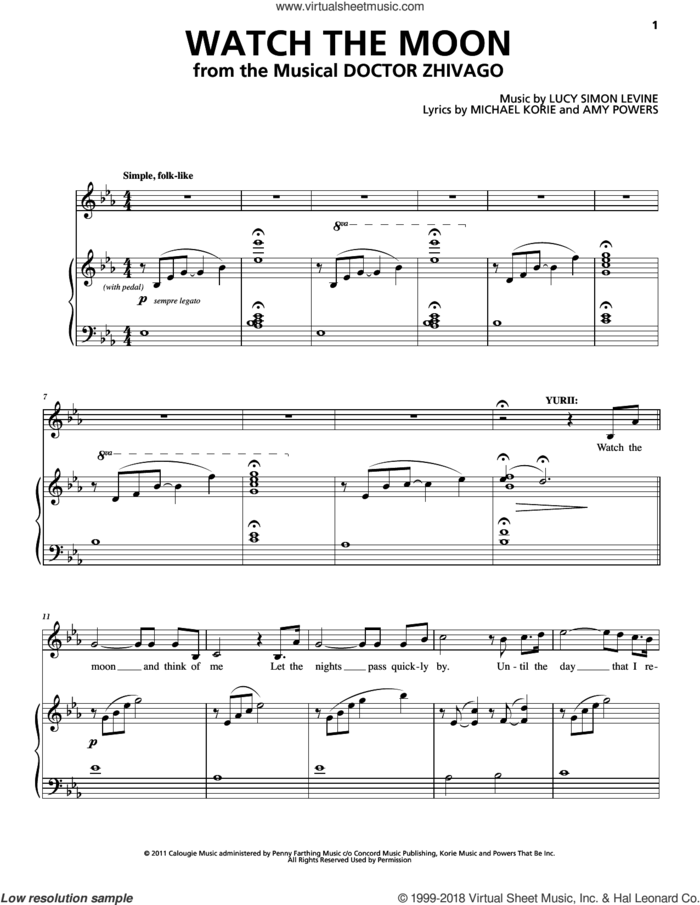 Watch The Moon sheet music for voice and piano by Michael Korie, Amy Powers, Lucy Simon, Lucy Simon Levine, Lucy Simon Levine, Michael Korie & Amy Powers and Lucy Simon, Michael Korie & Amy Powers, intermediate skill level