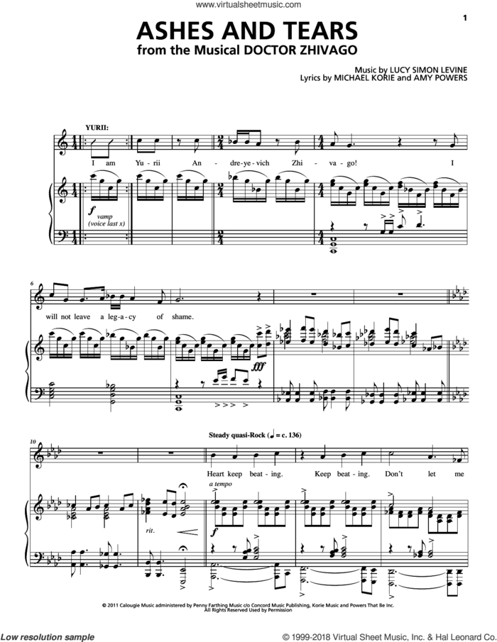Ashes And Tears sheet music for voice and piano by Michael Korie, Amy Powers, Lucy Simon, Lucy Simon Levine, Lucy Simon Levine, Michael Korie & Amy Powers and Lucy Simon, Michael Korie & Amy Powers, intermediate skill level