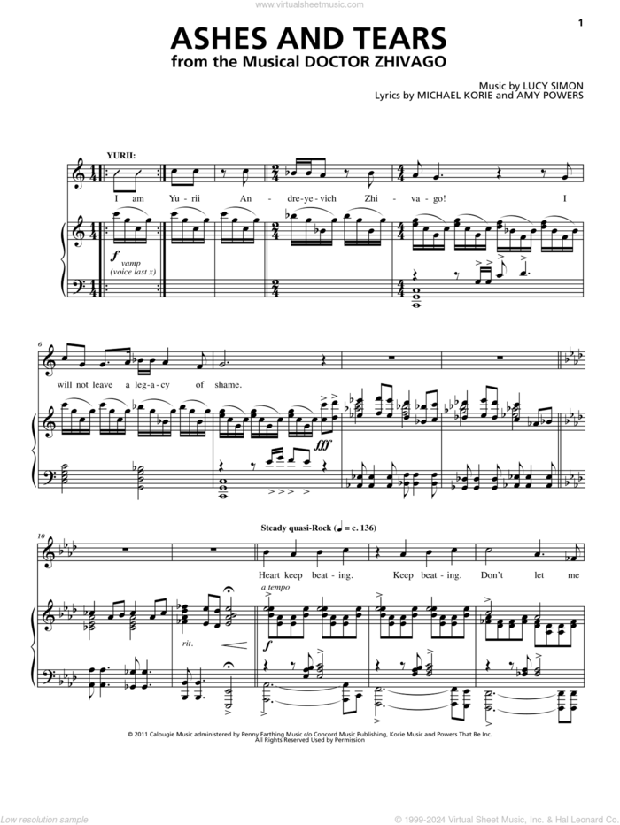 Ashes And Tears sheet music for voice and piano by Michael Korie, Amy Powers, Lucy Simon, Lucy Simon Levine, Lucy Simon Levine, Michael Korie & Amy Powers and Lucy Simon, Michael Korie & Amy Powers, intermediate skill level