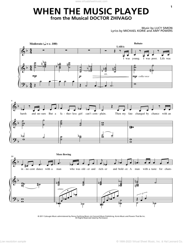 When The Music Played (from Doctor Zhivago: The Broadway Musical) sheet music for voice and piano by Michael Korie, Amy Powers, Lucy Simon, Lucy Simon Levine, Lucy Simon Levine, Michael Korie & Amy Powers and Lucy Simon, Michael Korie & Amy Powers, intermediate skill level