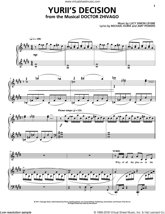 Yurii's Decision sheet music for voice and piano by Michael Korie, Amy Powers, Lucy Simon, Lucy Simon Levine, Lucy Simon Levine, Michael Korie & Amy Powers and Lucy Simon, Michael Korie & Amy Powers, intermediate skill level