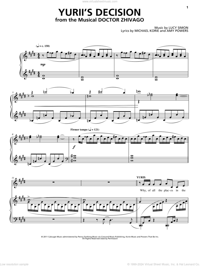 Yurii's Decision sheet music for voice and piano by Michael Korie, Amy Powers, Lucy Simon, Lucy Simon Levine, Lucy Simon Levine, Michael Korie & Amy Powers and Lucy Simon, Michael Korie & Amy Powers, intermediate skill level