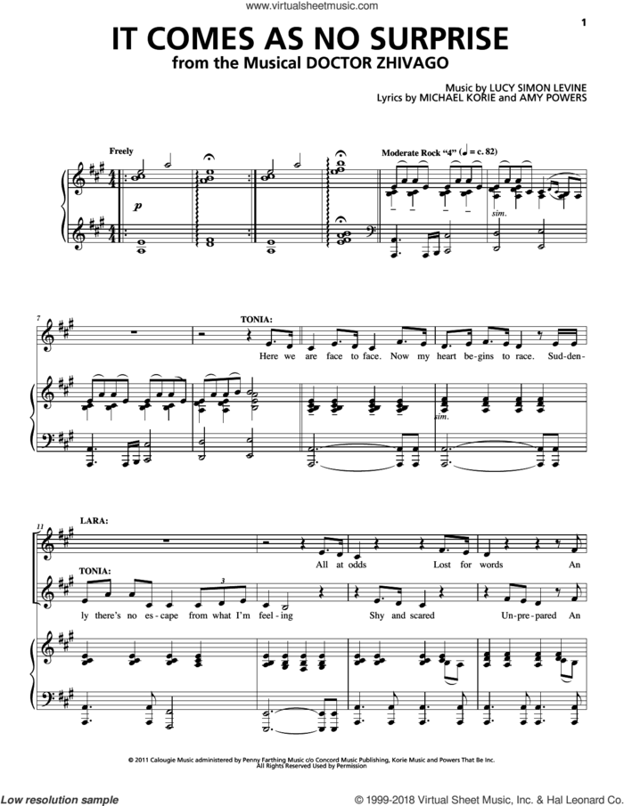 It Comes As No Surprise sheet music for voice and piano by Michael Korie, Amy Powers, Lucy Simon, Lucy Simon Levine, Lucy Simon Levine, Michael Korie & Amy Powers and Lucy Simon, Michael Korie & Amy Powers, intermediate skill level