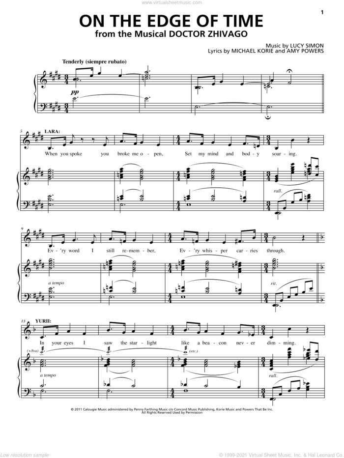 On The Edge Of Time sheet music for voice and piano by Michael Korie, Amy Powers, Lucy Simon, Lucy Simon Levine, Lucy Simon Levine, Michael Korie & Amy Powers and Lucy Simon, Michael Korie & Amy Powers, intermediate skill level