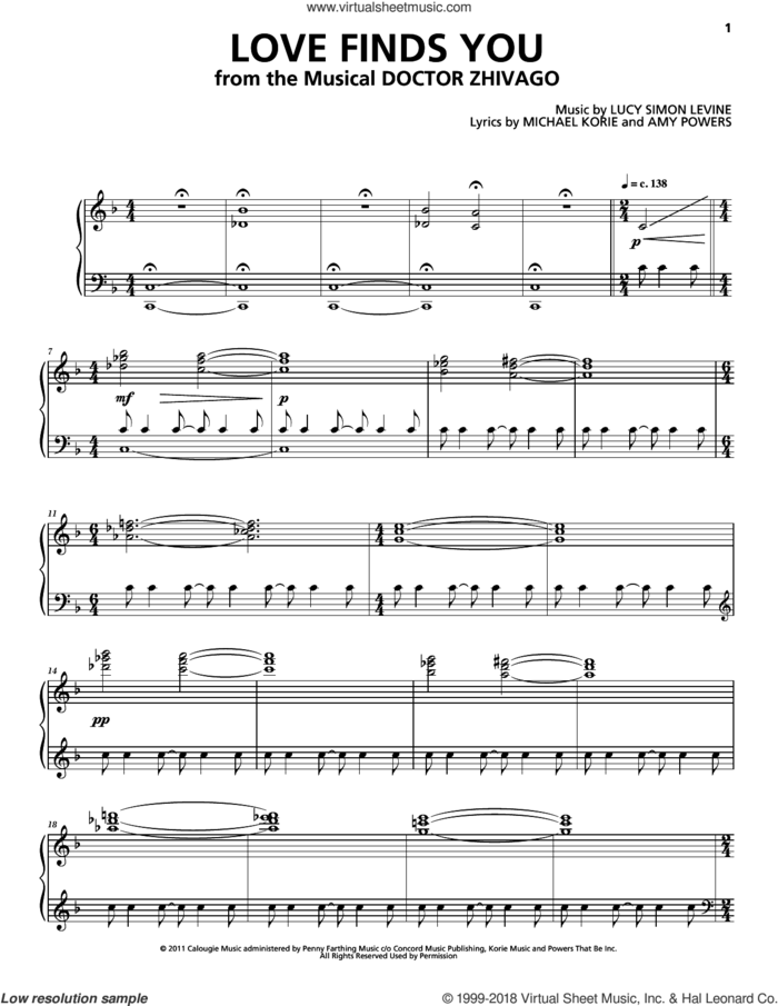 Love Finds You sheet music for voice and piano by Michael Korie, Amy Powers, Lucy Simon, Lucy Simon Levine, Lucy Simon Levine, Michael Korie & Amy Powers and Lucy Simon, Michael Korie & Amy Powers, intermediate skill level
