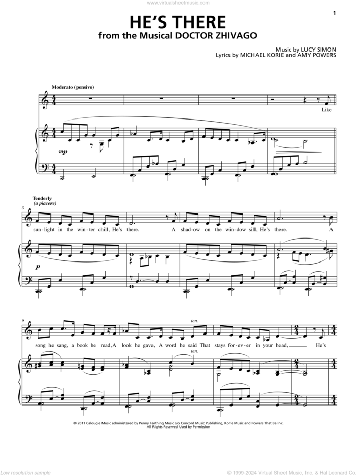 He's There sheet music for voice and piano by Michael Korie, Amy Powers, Lucy Simon, Lucy Simon Levine, Lucy Simon Levine, Michael Korie & Amy Powers and Lucy Simon, Michael Korie & Amy Powers, intermediate skill level