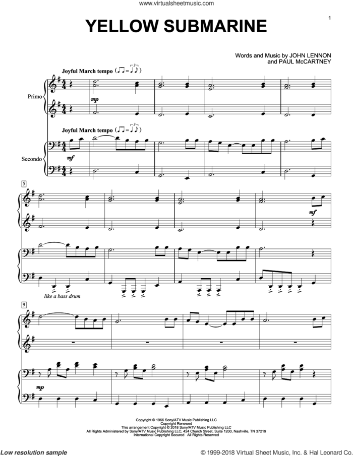 Yellow Submarine sheet music for piano four hands by The Beatles, Eric Baumgartner, John Lennon and Paul McCartney, intermediate skill level