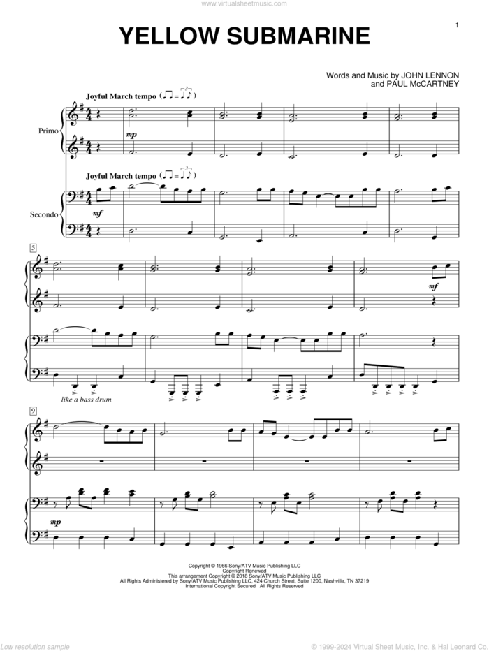 Yellow Submarine sheet music for piano four hands by The Beatles, Eric Baumgartner, John Lennon and Paul McCartney, intermediate skill level