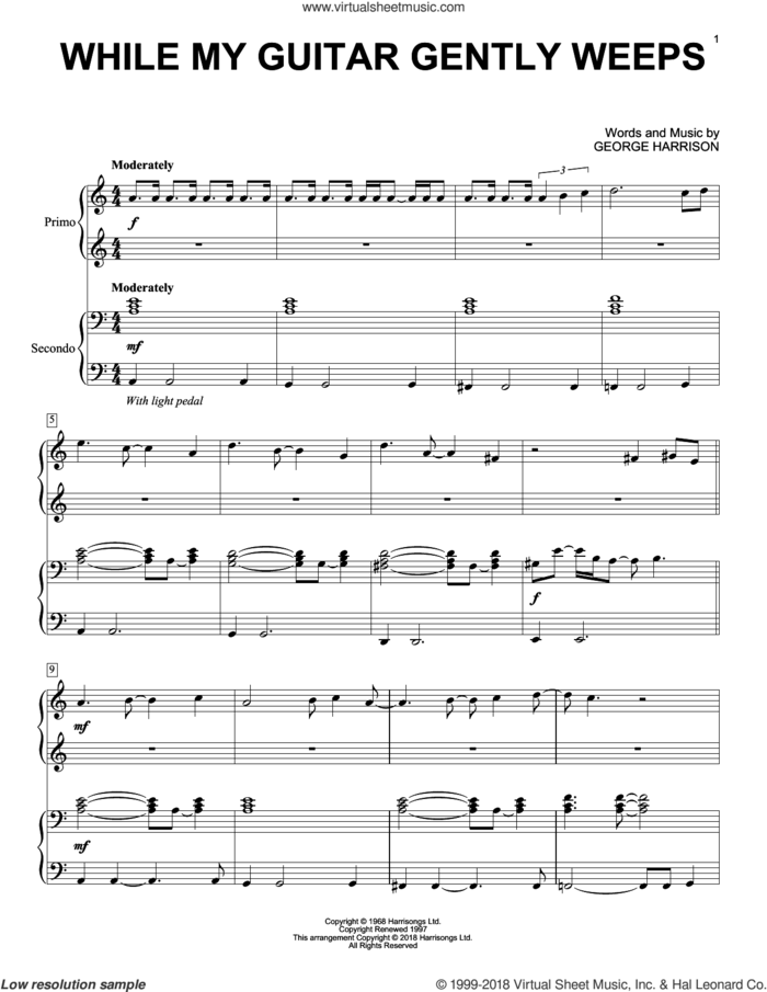 While My Guitar Gently Weeps sheet music for piano four hands by The Beatles, Eric Baumgartner and George Harrison, intermediate skill level