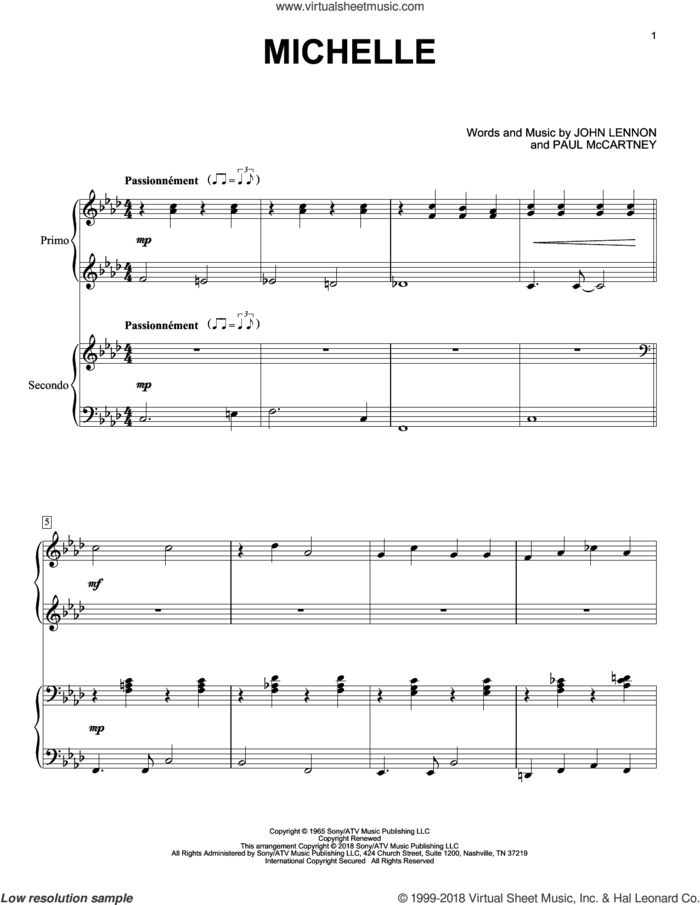 Michelle sheet music for piano four hands by The Beatles, Eric Baumgartner, John Lennon and Paul McCartney, intermediate skill level