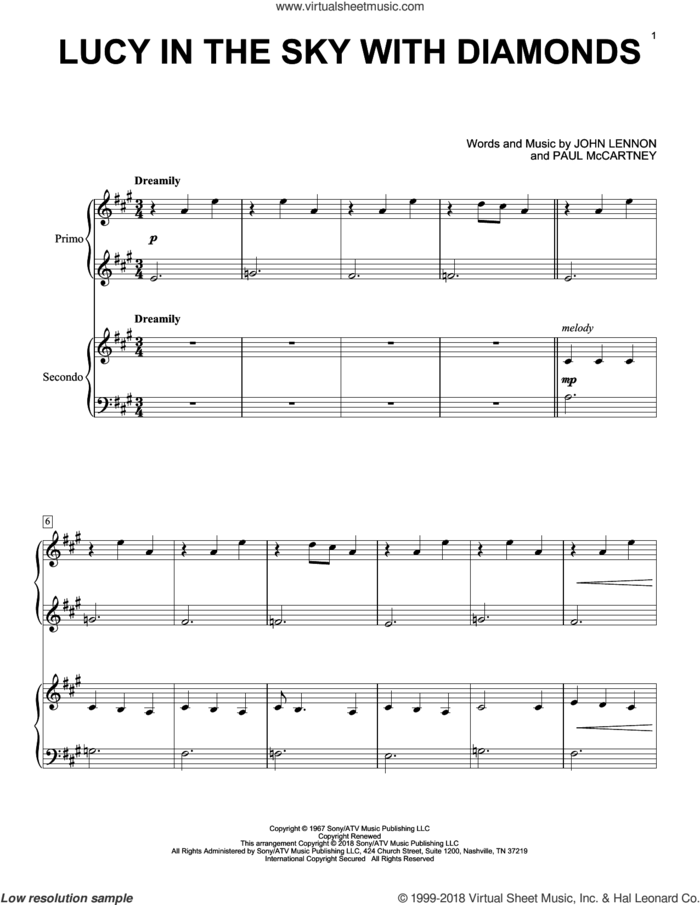 Lucy In The Sky With Diamonds sheet music for piano four hands by The Beatles, Eric Baumgartner, John Lennon and Paul McCartney, intermediate skill level