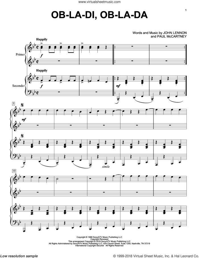 Ob-La-Di, Ob-La-Da sheet music for piano four hands by The Beatles, Eric Baumgartner, John Lennon and Paul McCartney, intermediate skill level