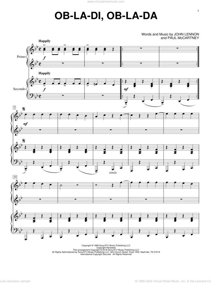 Ob-La-Di, Ob-La-Da sheet music for piano four hands by The Beatles, Eric Baumgartner, John Lennon and Paul McCartney, intermediate skill level