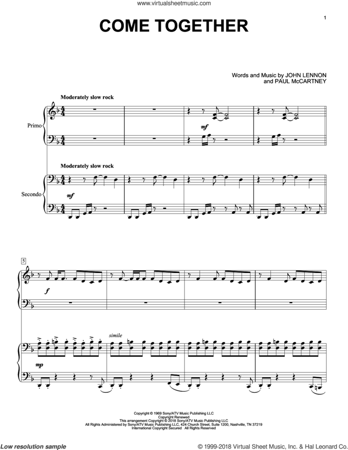 Come Together sheet music for piano four hands by The Beatles, Eric Baumgartner, John Lennon and Paul McCartney, intermediate skill level