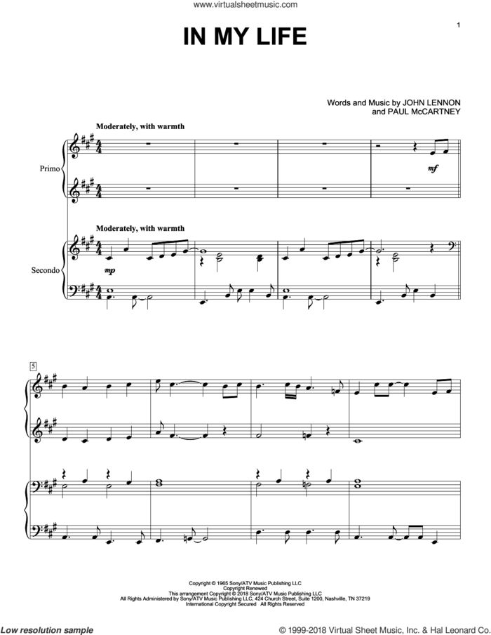 In My Life sheet music for piano four hands by The Beatles, Eric Baumgartner, John Lennon and Paul McCartney, wedding score, intermediate skill level