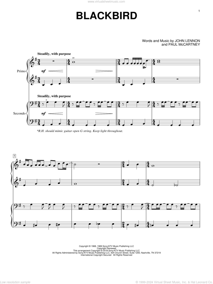 Blackbird sheet music for piano four hands by The Beatles, Eric Baumgartner, John Lennon and Paul McCartney, intermediate skill level