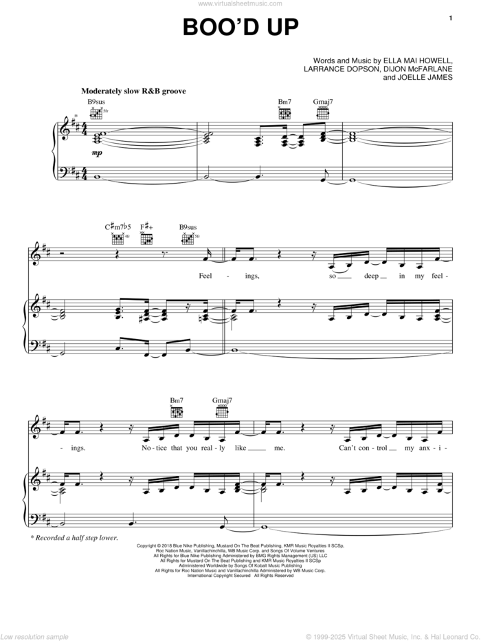 Boo'd Up sheet music for voice, piano or guitar by Ella Mai feat. DJ Mustard, Ella Mai, Dijon McFarlane, Ella Mai Howell, Joelle James and Larrance Dopson, intermediate skill level