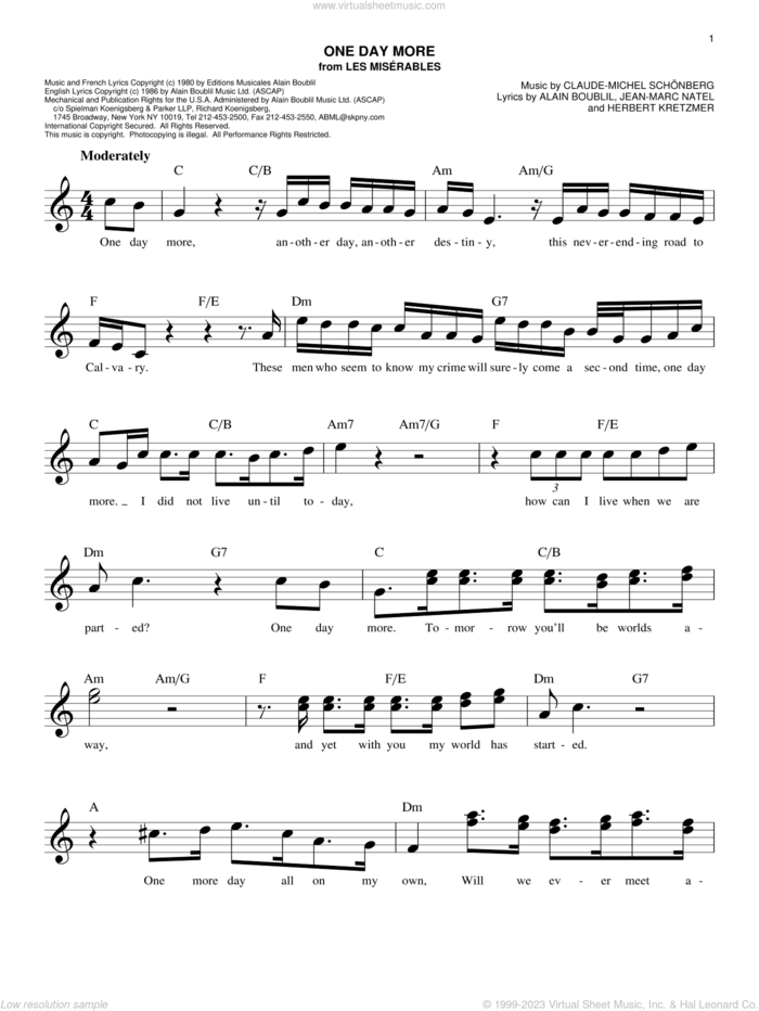 One Day More (from Les Miserables) sheet music for voice and other instruments (fake book) by Alain Boublil, Claude-Michel Schonberg, Claude-Michel Schonberg, Herbert Kretzmer and Jean-Marc Natel, easy skill level