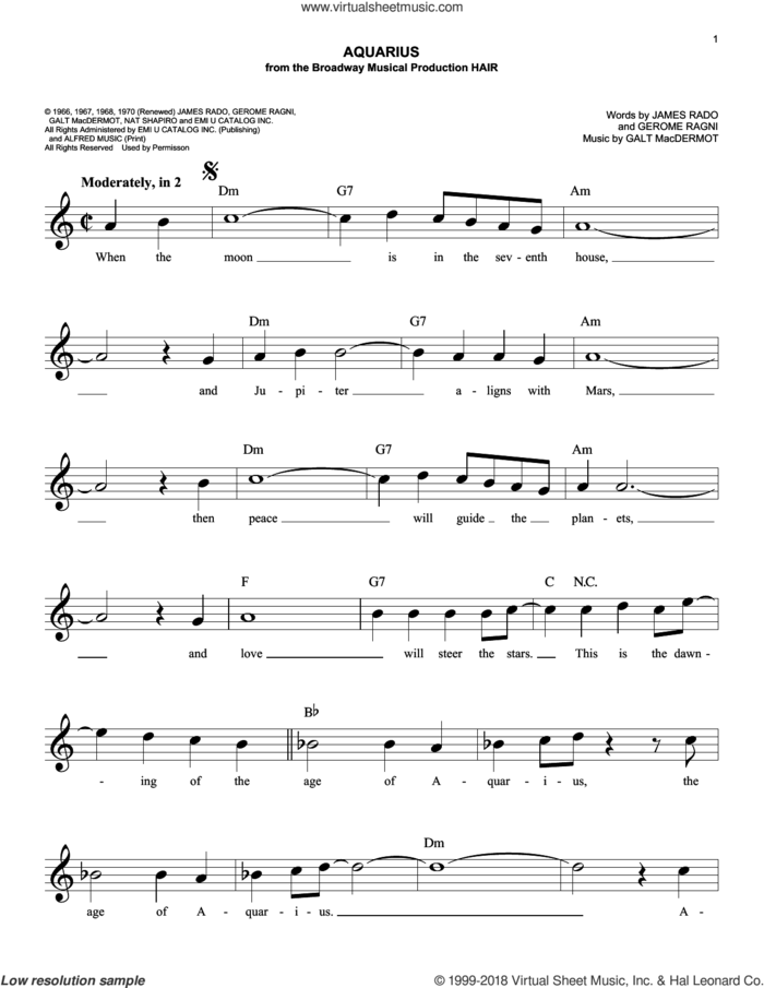 Aquarius sheet music for voice and other instruments (fake book) by The Fifth Dimension, Galt MacDermot, Gerome Ragni and James Rado, easy skill level