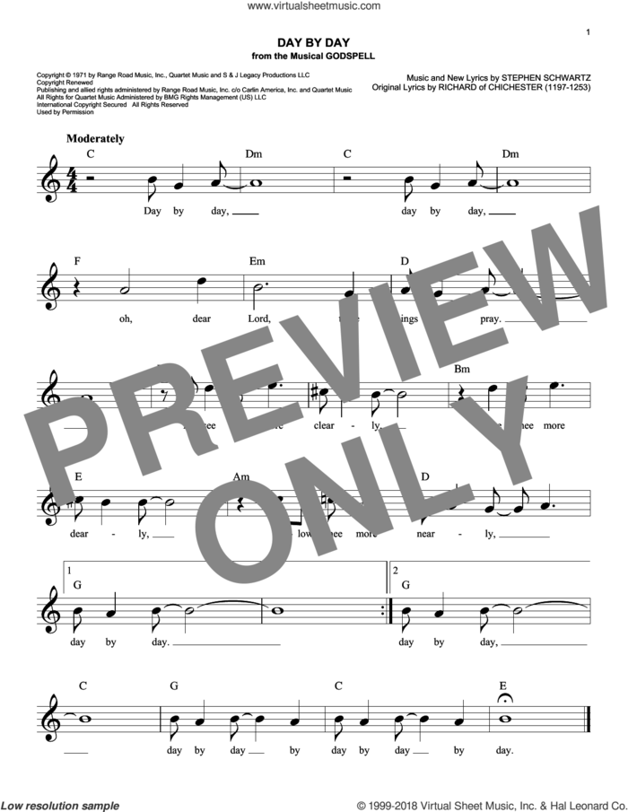 Day By Day (from Godspell) sheet music for voice and other instruments (fake book) by Stephen Schwartz and Richard of Chichester, intermediate skill level