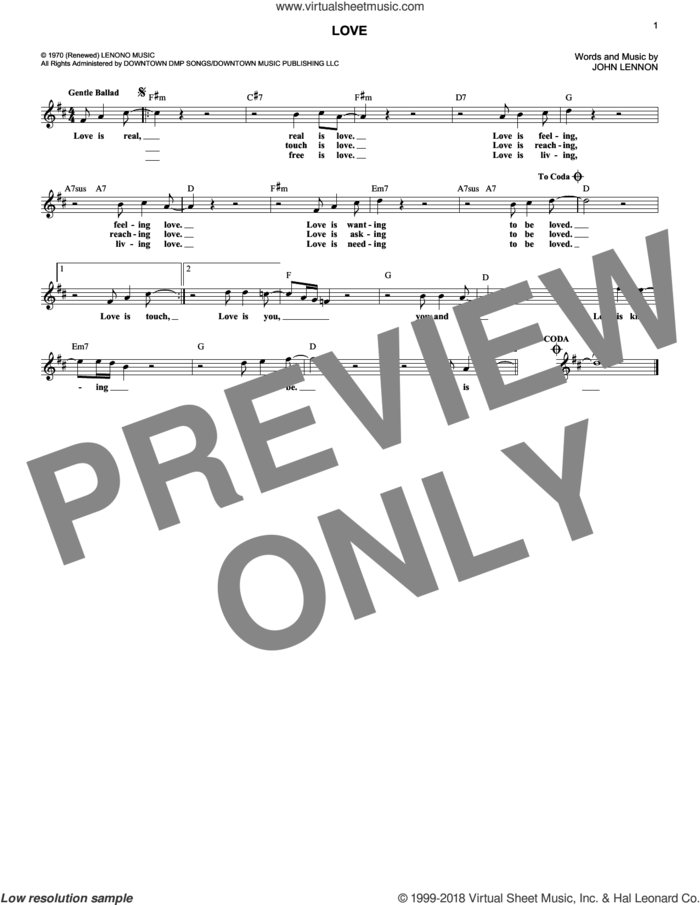 Love sheet music for voice and other instruments (fake book) by John Lennon, wedding score, intermediate skill level