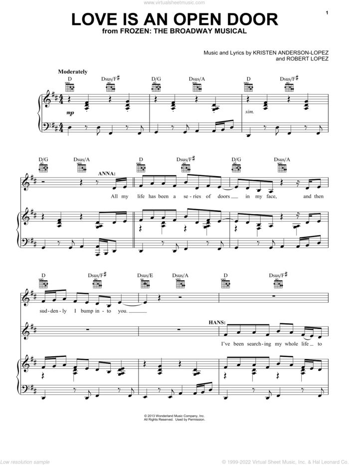 Love Is An Open Door (from Frozen: The Broadway Musical) sheet music for voice, piano or guitar by Kristen Bell & Santino Fontana, Kristen Anderson-Lopez, Kristen Anderson-Lopez & Robert Lopez and Robert Lopez, intermediate skill level