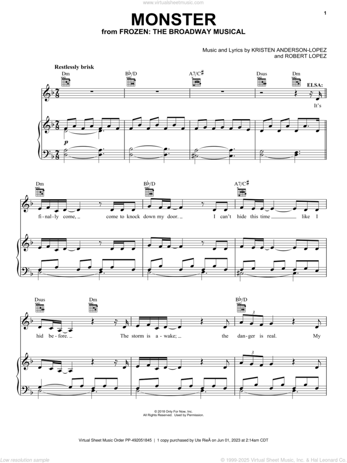 Monster (from Frozen: The Broadway Musical) sheet music for voice, piano or guitar by Robert Lopez, Kristen Anderson-Lopez and Kristen Anderson-Lopez & Robert Lopez, intermediate skill level