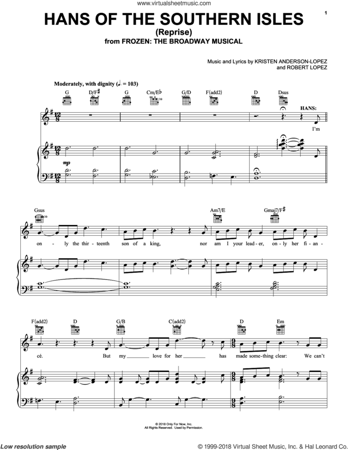 Hans Of The Southern Isles (Reprise) (from Frozen: The Broadway Musical) sheet music for voice, piano or guitar by Robert Lopez, Kristen Anderson-Lopez and Kristen Anderson-Lopez & Robert Lopez, intermediate skill level
