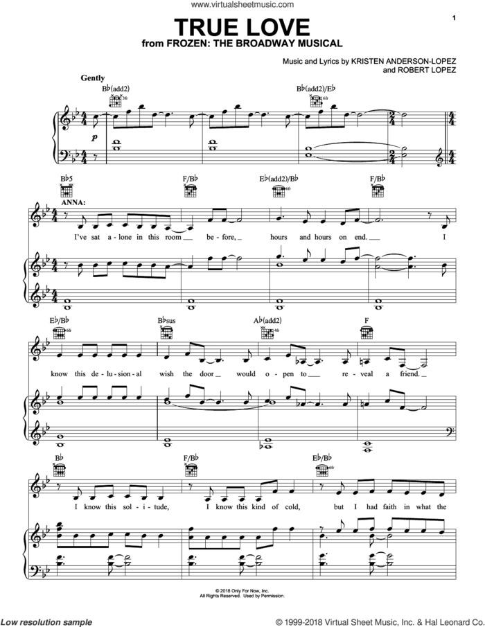 True Love (from Frozen: The Broadway Musical) sheet music for voice, piano or guitar by Robert Lopez, Kristen Anderson-Lopez and Kristen Anderson-Lopez & Robert Lopez, intermediate skill level