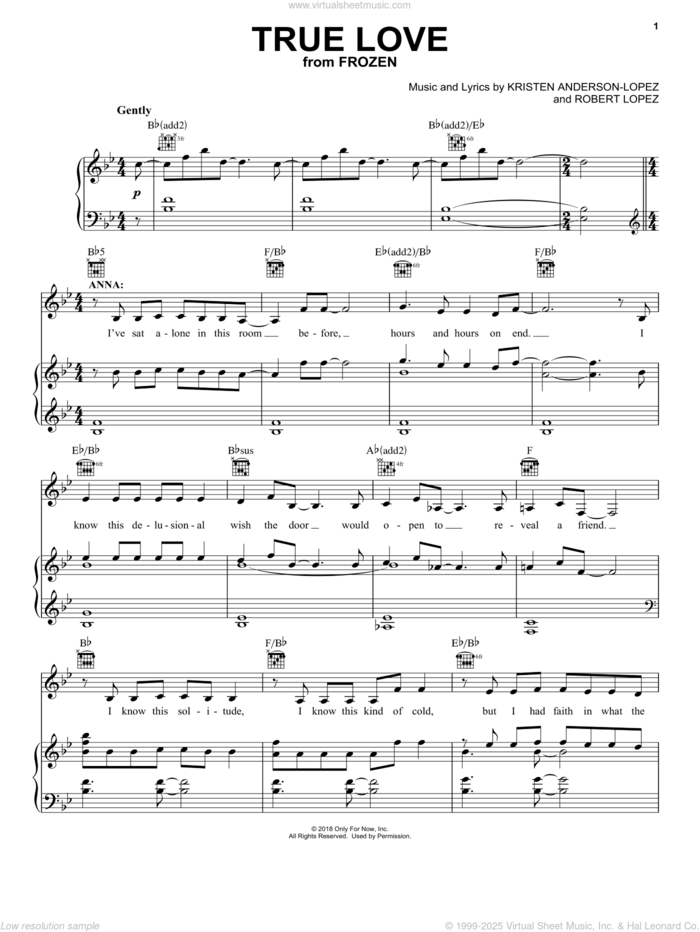 True Love (from Frozen: The Broadway Musical) sheet music for voice, piano or guitar by Robert Lopez, Kristen Anderson-Lopez and Kristen Anderson-Lopez & Robert Lopez, intermediate skill level