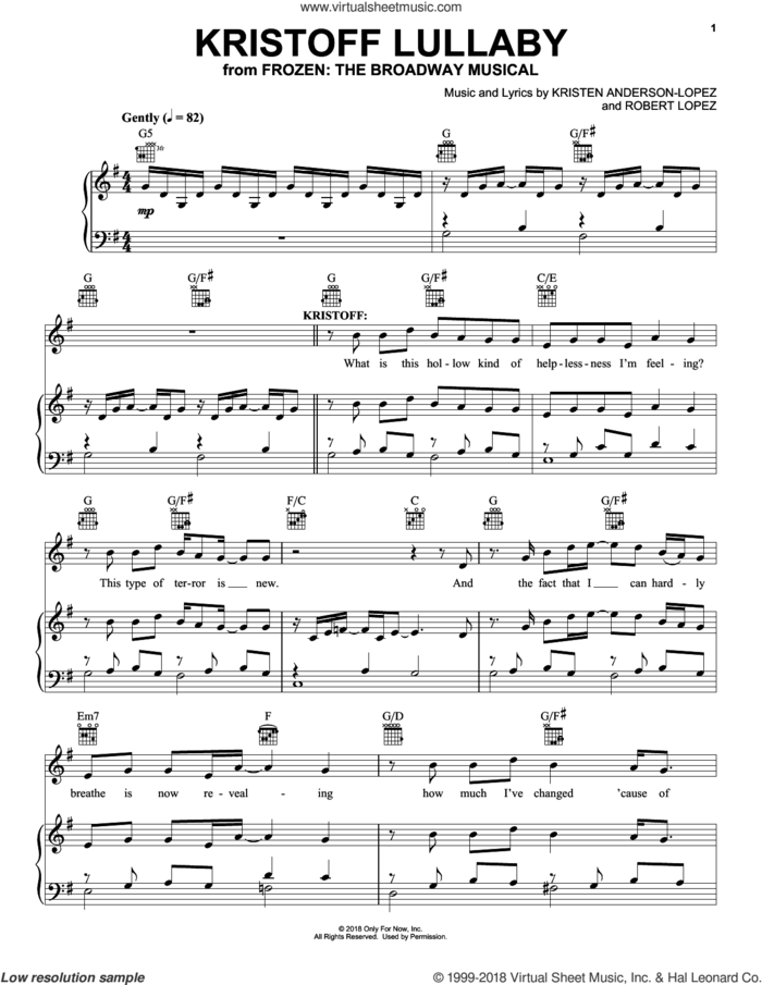 Kristoff Lullaby (from Frozen: The Broadway Musical) sheet music for voice, piano or guitar by Robert Lopez, Kristen Anderson-Lopez and Kristen Anderson-Lopez & Robert Lopez, intermediate skill level