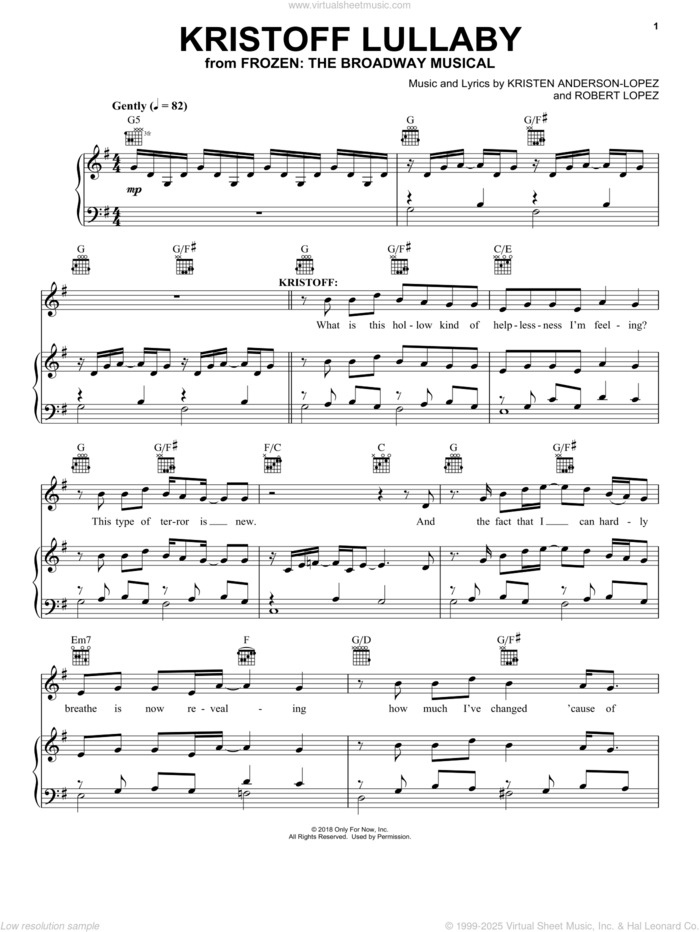 Kristoff Lullaby (from Frozen: The Broadway Musical) sheet music for voice, piano or guitar by Robert Lopez, Kristen Anderson-Lopez and Kristen Anderson-Lopez & Robert Lopez, intermediate skill level