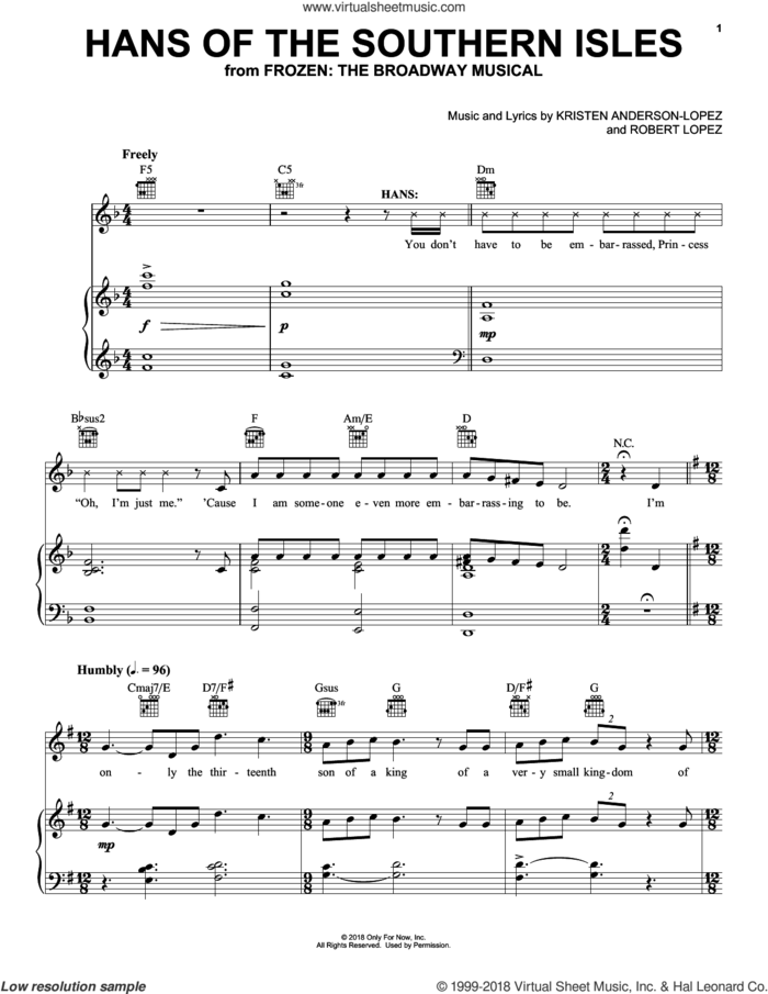 Hans Of The Southern Isles (from Frozen: The Broadway Musical) sheet music for voice, piano or guitar by Robert Lopez, Kristen Anderson-Lopez and Kristen Anderson-Lopez & Robert Lopez, intermediate skill level