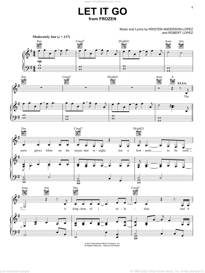 Let It Go (from Frozen: The Broadway Musical) sheet music for voice, piano or guitar by Idina Menzel, Kristen Anderson-Lopez and Robert Lopez, intermediate skill level