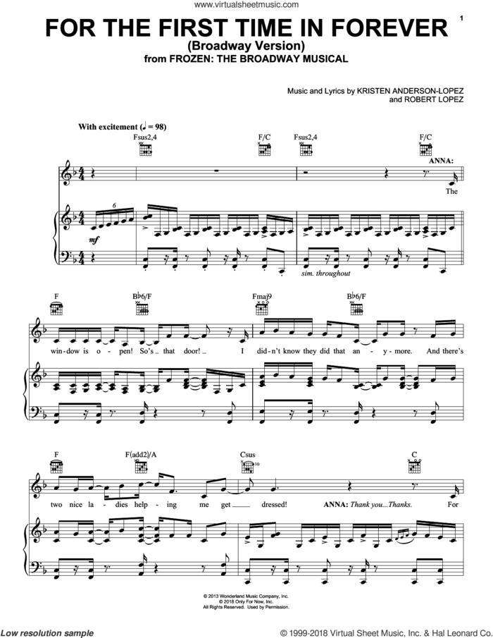 For The First Time In Forever (from Frozen: The Broadway Musical) sheet music for voice, piano or guitar by Robert Lopez, Kristen Anderson-Lopez and Kristen Anderson-Lopez & Robert Lopez, intermediate skill level
