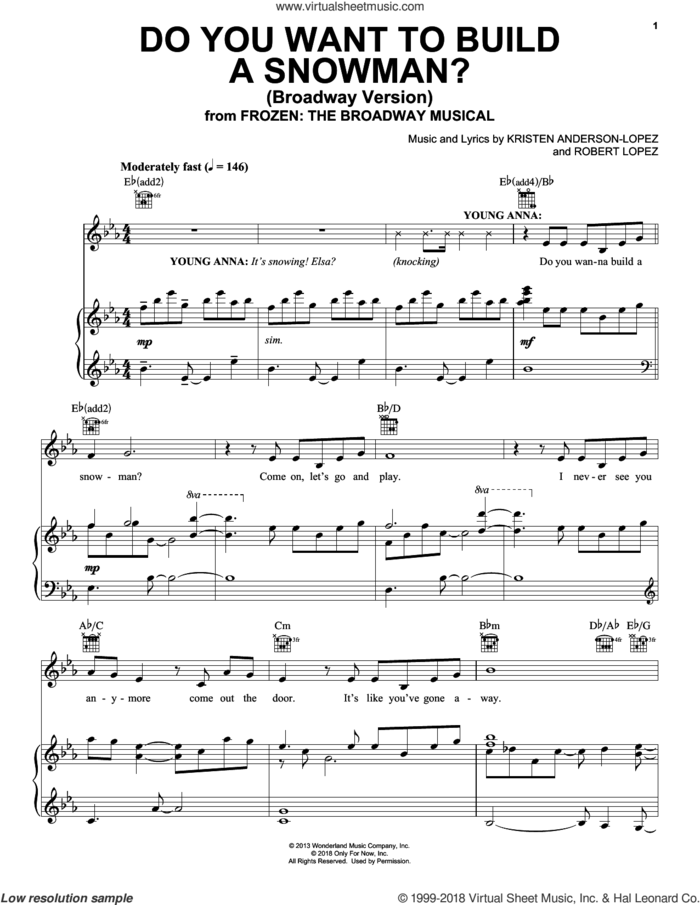 Do You Want To Build A Snowman? (from Frozen: The Broadway Musical) sheet music for voice, piano or guitar by Robert Lopez, Kristen Anderson-Lopez and Kristen Anderson-Lopez & Robert Lopez, intermediate skill level