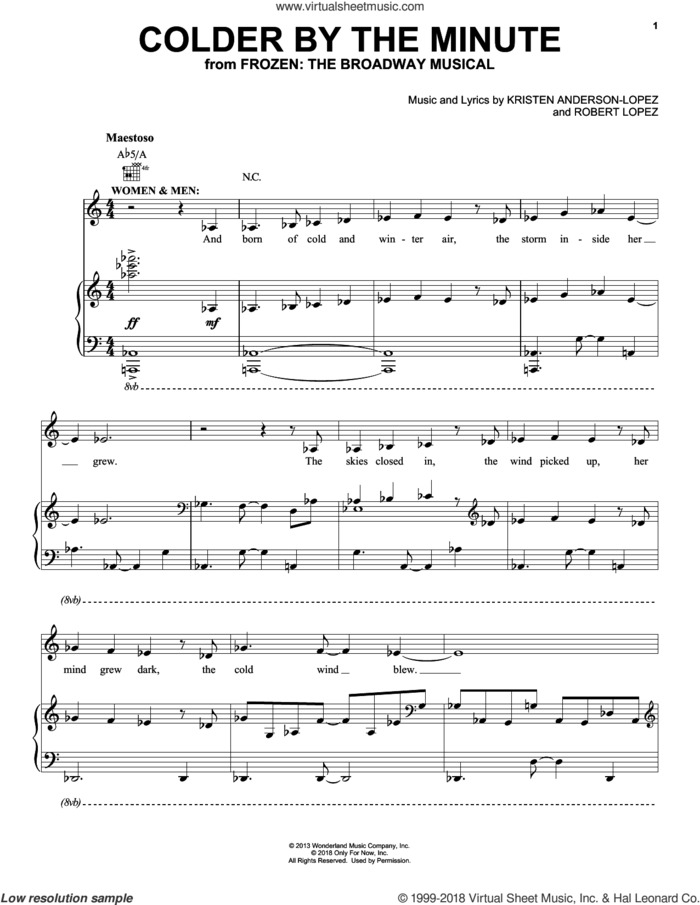 Colder By The Minute (from Frozen: The Broadway Musical) sheet music for voice, piano or guitar by Robert Lopez, Kristen Anderson-Lopez and Kristen Anderson-Lopez & Robert Lopez, intermediate skill level