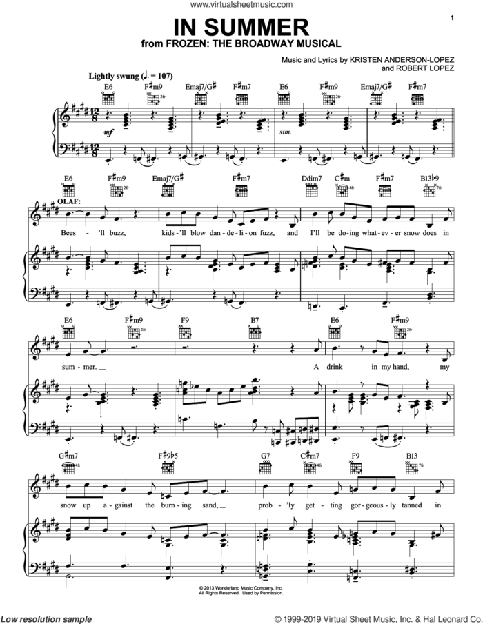 In Summer (from Frozen: The Broadway Musical) sheet music for voice, piano or guitar by Robert Lopez, Kristen Anderson-Lopez and Kristen Anderson-Lopez & Robert Lopez, intermediate skill level