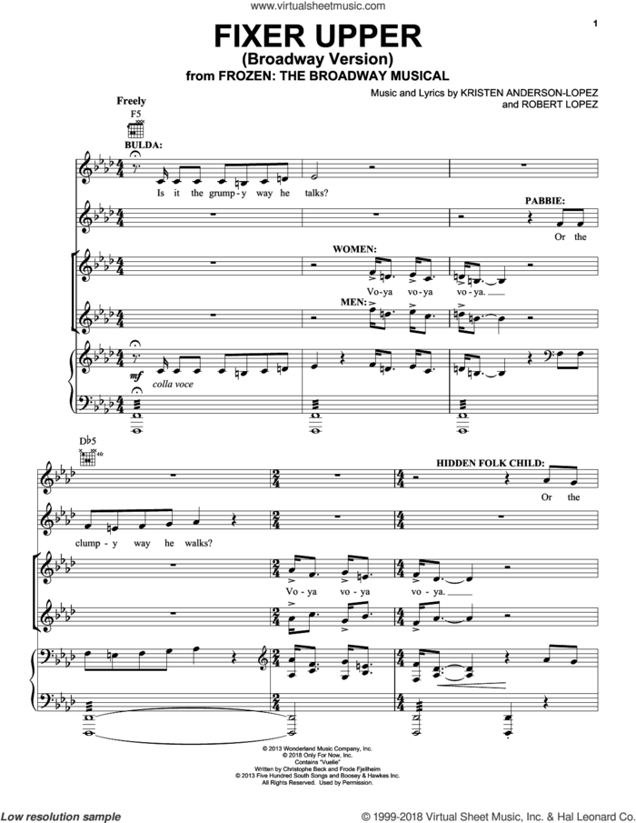Fixer Upper (from Frozen: The Broadway Musical) sheet music for voice, piano or guitar by Robert Lopez, Kristen Anderson-Lopez and Kristen Anderson-Lopez & Robert Lopez, intermediate skill level
