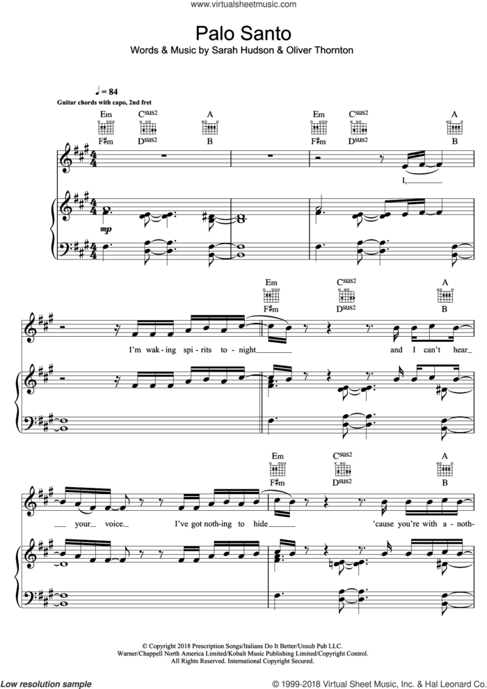 Palo Santo sheet music for voice, piano or guitar by Years & Years, Oliver Thornton and Sarah Hudson, intermediate skill level