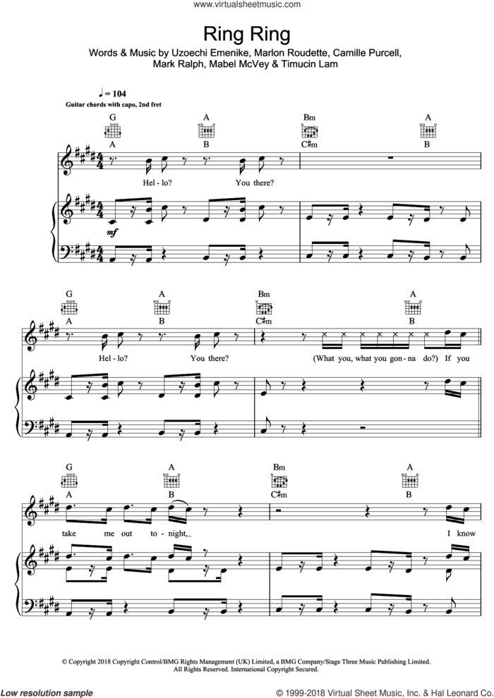 Ring Ring (featuring Mabel and Rich The Kid) sheet music for voice, piano or guitar by Jax Jones, Mabel, Rich The Kid, Camille Purcell, Mabel McVey, Mark Ralph, Marlon Roudette, Timucin Lam and Uzoechi Emenike, intermediate skill level