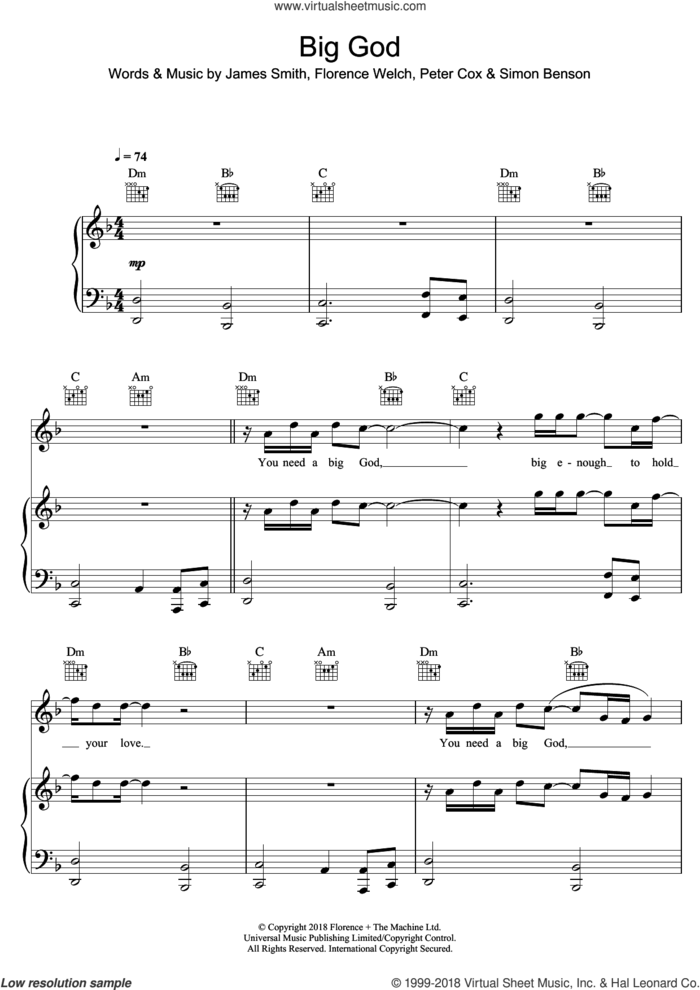Big God sheet music for voice, piano or guitar by Florence And The Machine, Florence Welch, James Smith, Peter Cox and Simon Benson, intermediate skill level