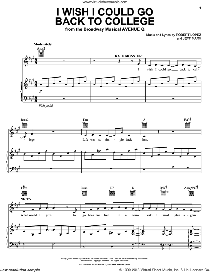 I Wish I Could Go Back To College sheet music for voice and piano by Robert Lopez and Jeff Marx, intermediate skill level