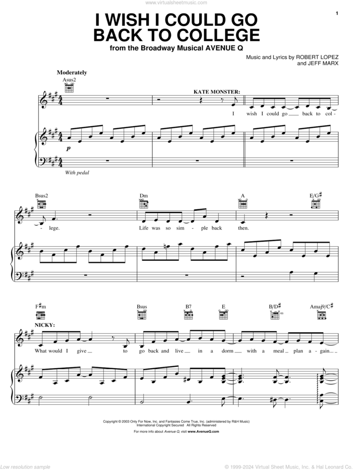 I Wish I Could Go Back To College sheet music for voice and piano by Robert Lopez and Jeff Marx, intermediate skill level