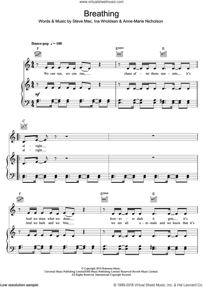 Breathing Fire sheet music for voice, piano or guitar by Anne-Marie, Anne-Marie Nicholson, Ina Wroldsen and Steve Mac, intermediate skill level