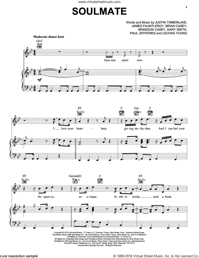 SoulMate sheet music for voice, piano or guitar by Justin Timberlake, Brandon Casey, Brian Casey, Gary Smith, James Fauntleroy, Lechas Young and Paul Jefferies, intermediate skill level