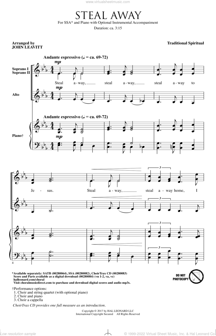 Steal Away (Steal Away To Jesus) sheet music for choir (SSA: soprano, alto) by John Leavitt and Miscellaneous, intermediate skill level