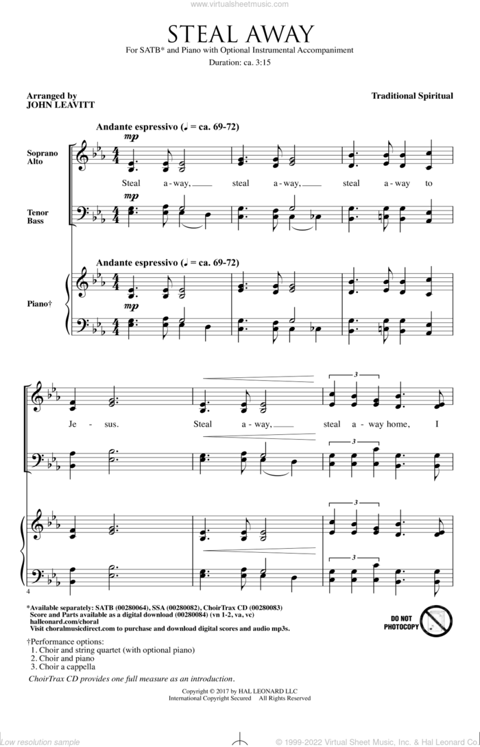 Steal Away (Steal Away To Jesus) sheet music for choir (SATB: soprano, alto, tenor, bass) by John Leavitt and Miscellaneous, intermediate skill level