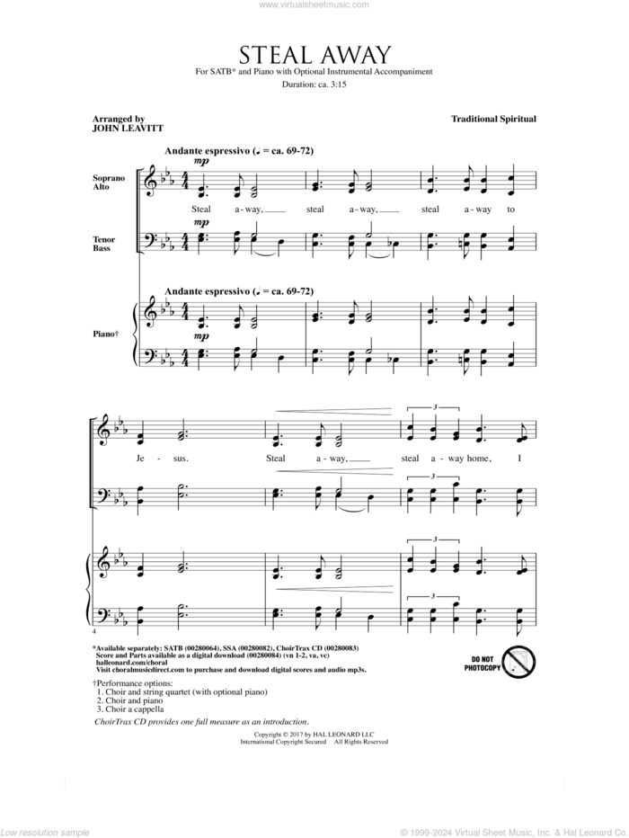 Steal Away (Steal Away To Jesus) sheet music for choir (SATB: soprano, alto, tenor, bass) by John Leavitt and Miscellaneous, intermediate skill level