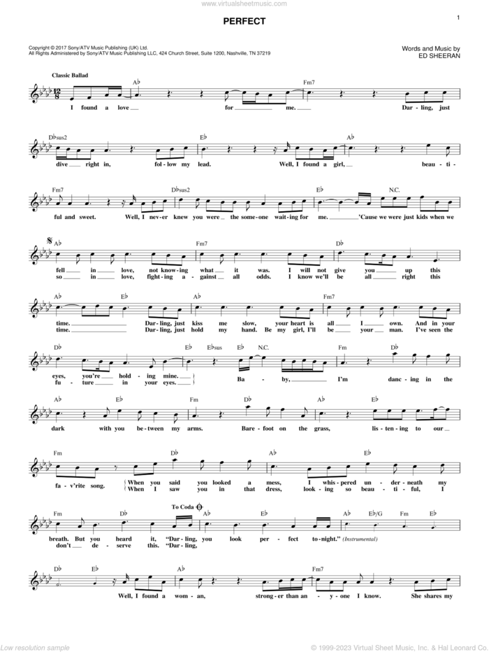 Perfect sheet music for voice and other instruments (fake book) by Ed Sheeran, wedding score, intermediate skill level